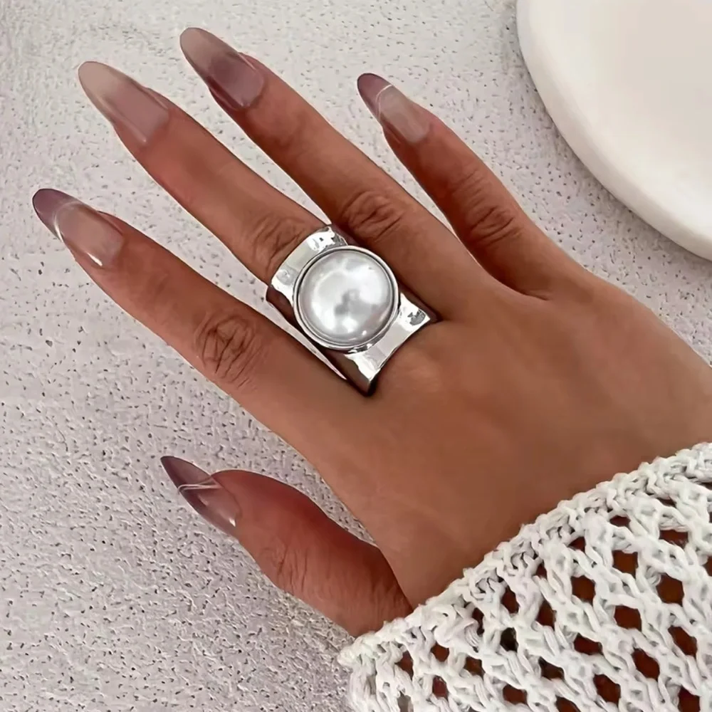 Silver Irregular Sculptural Adjustable Ring with White Pearl